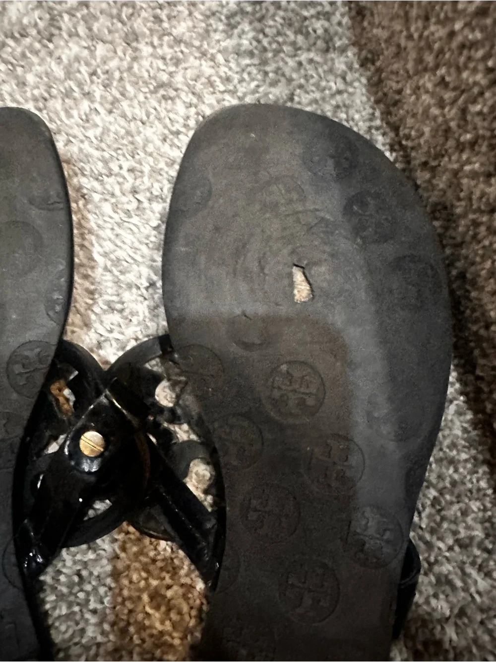Tory Burch Black Patent Logo-Disc Slide Sandals